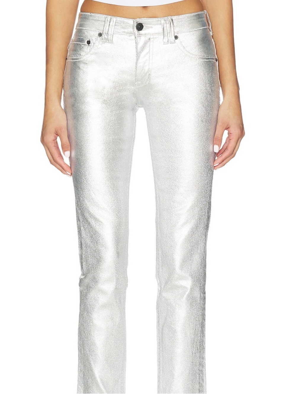 ALLSAINTS Jeans. Miller Foil Jeans in Silver. ALLSAINTS Metallic Silver Denim.
